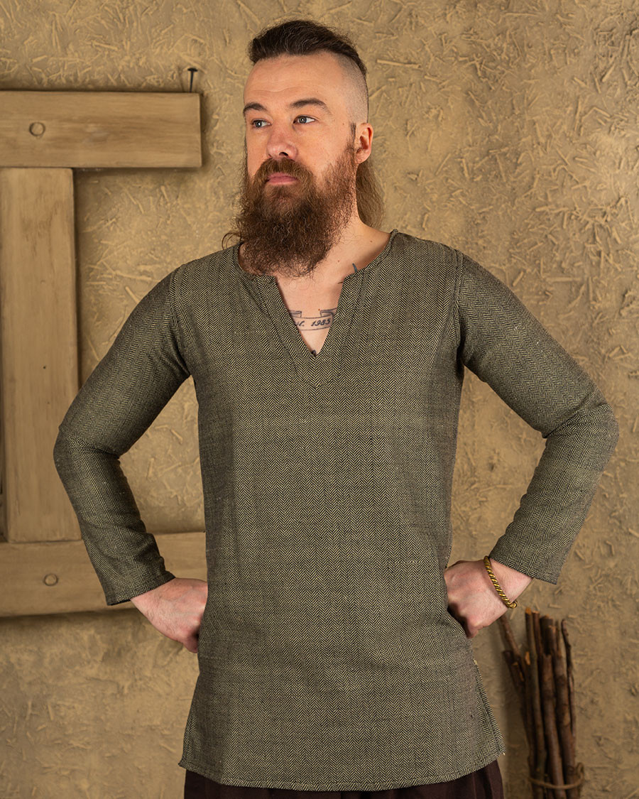 Viking tunic herringbone pattern model Tronde, olive green
