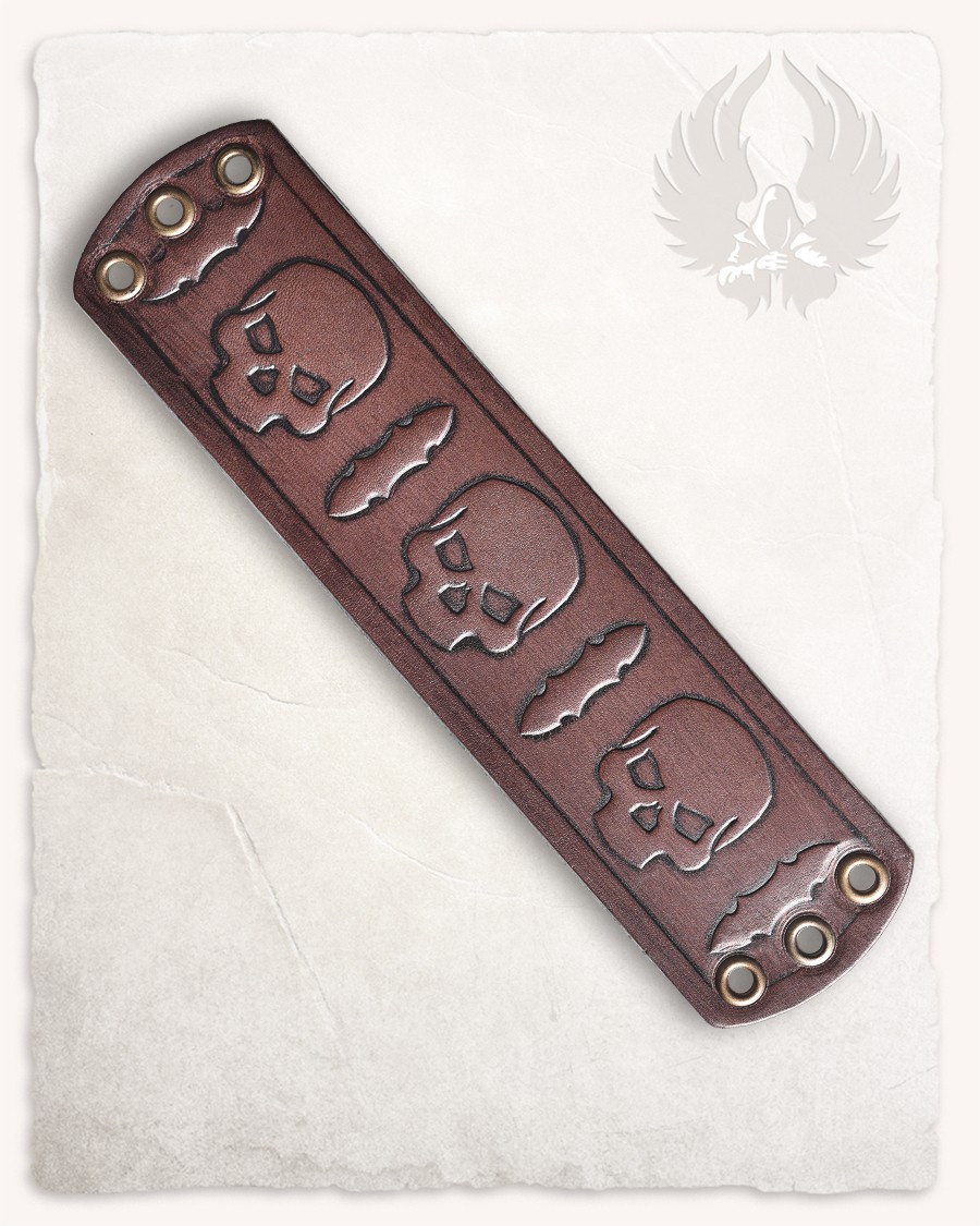 Medieval brown leather bracelet with Skulls pattern