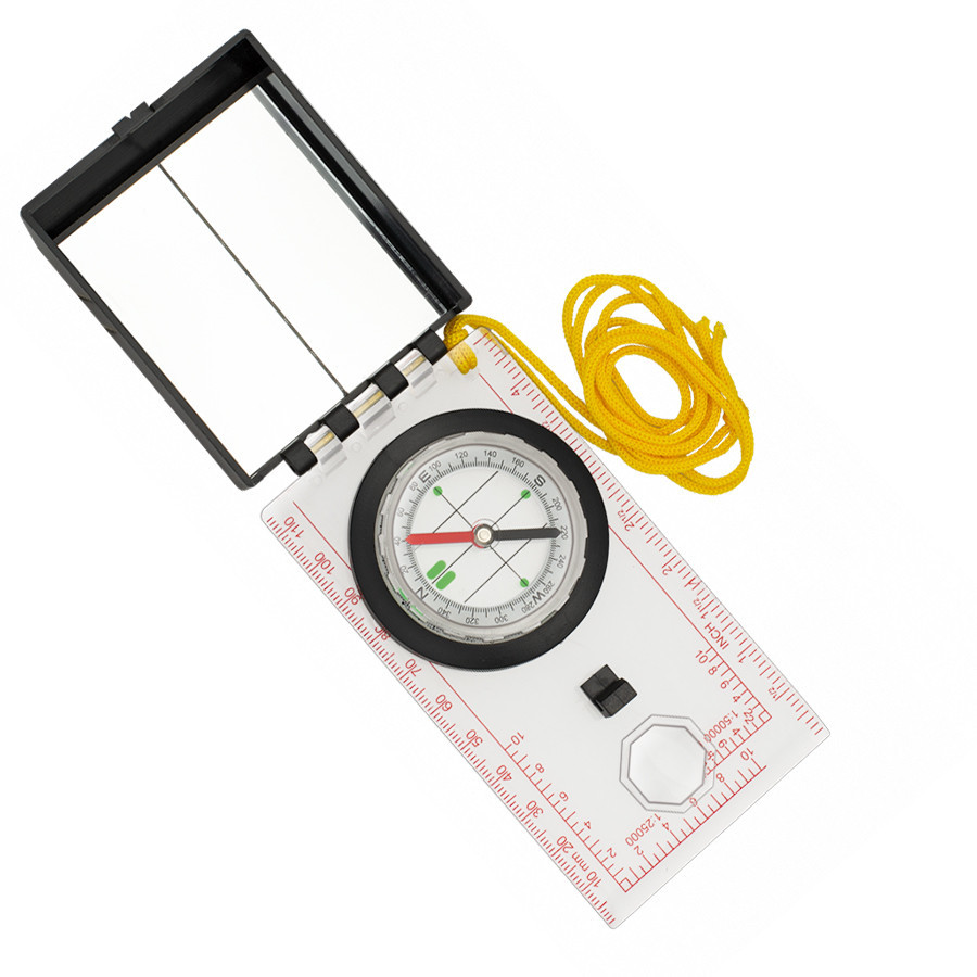 Map compass, magnifying glass and mirror