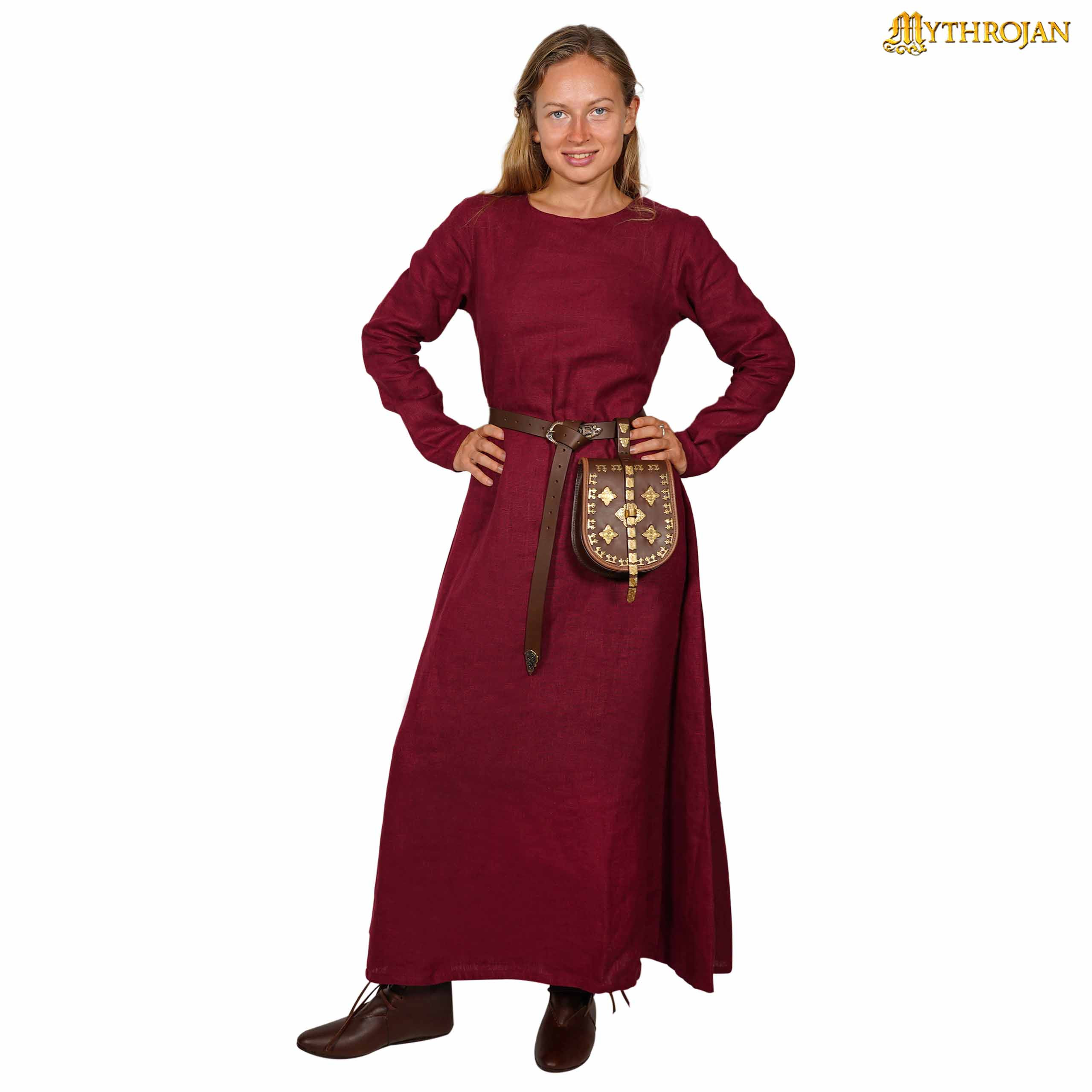 Women's linen Viking dress Helga model, burgundy color