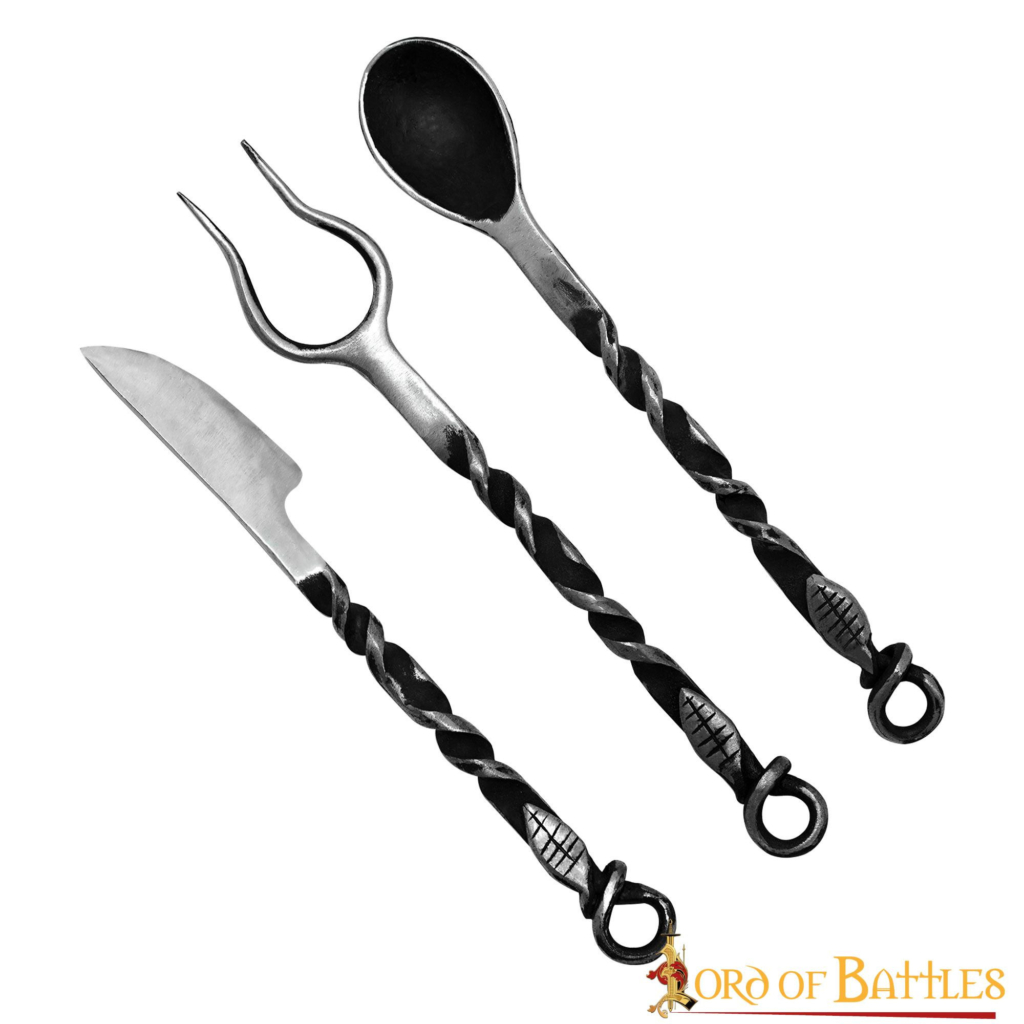 Set of medieval cutlery, fork, knife and spoon