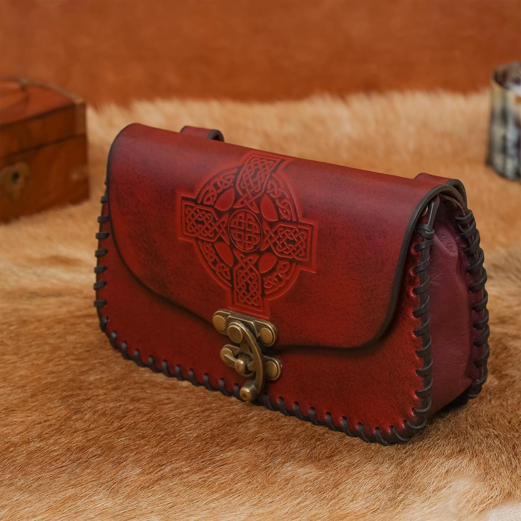 Embossed Celtic cross leather bag, maroon color