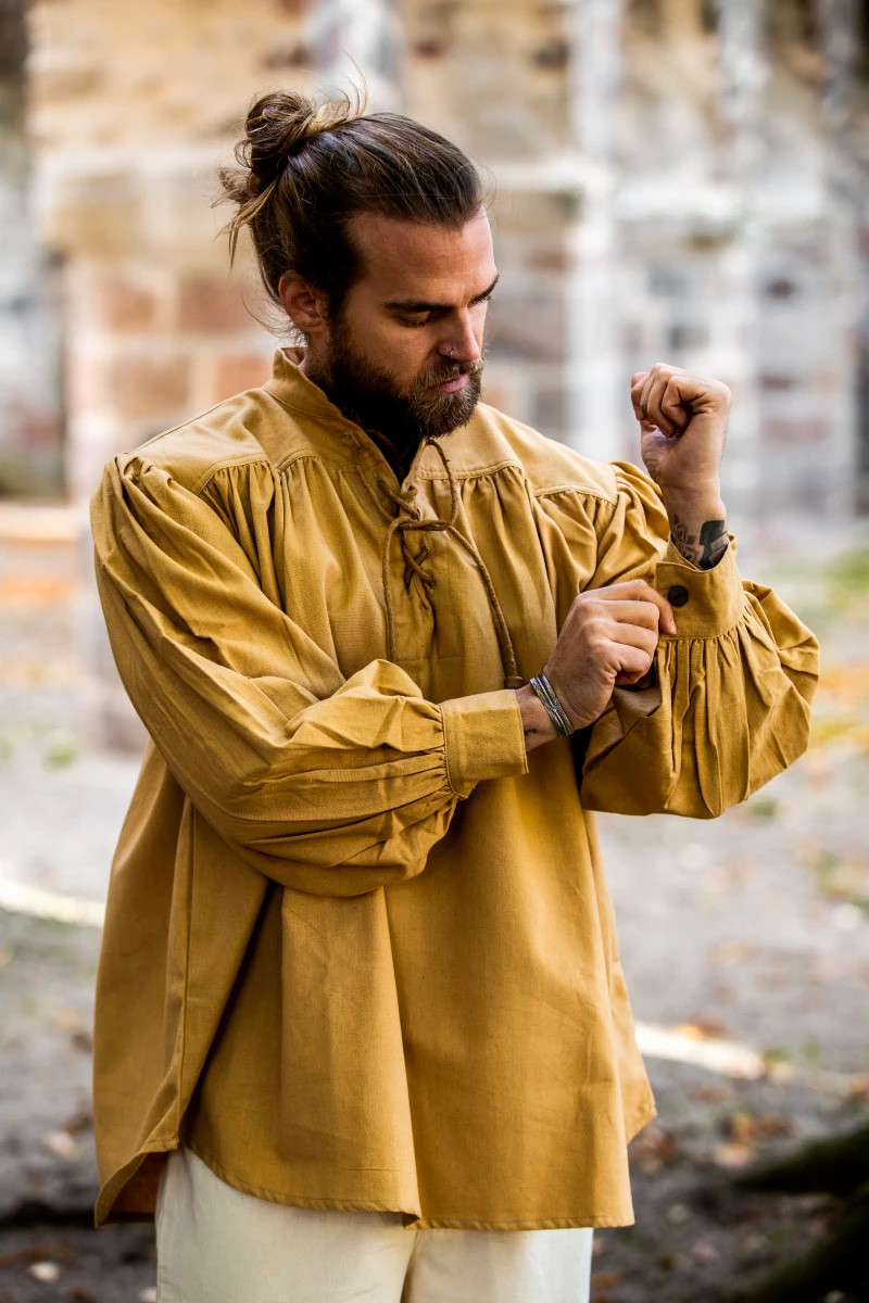 Medieval shirt with high neck laces, light brown