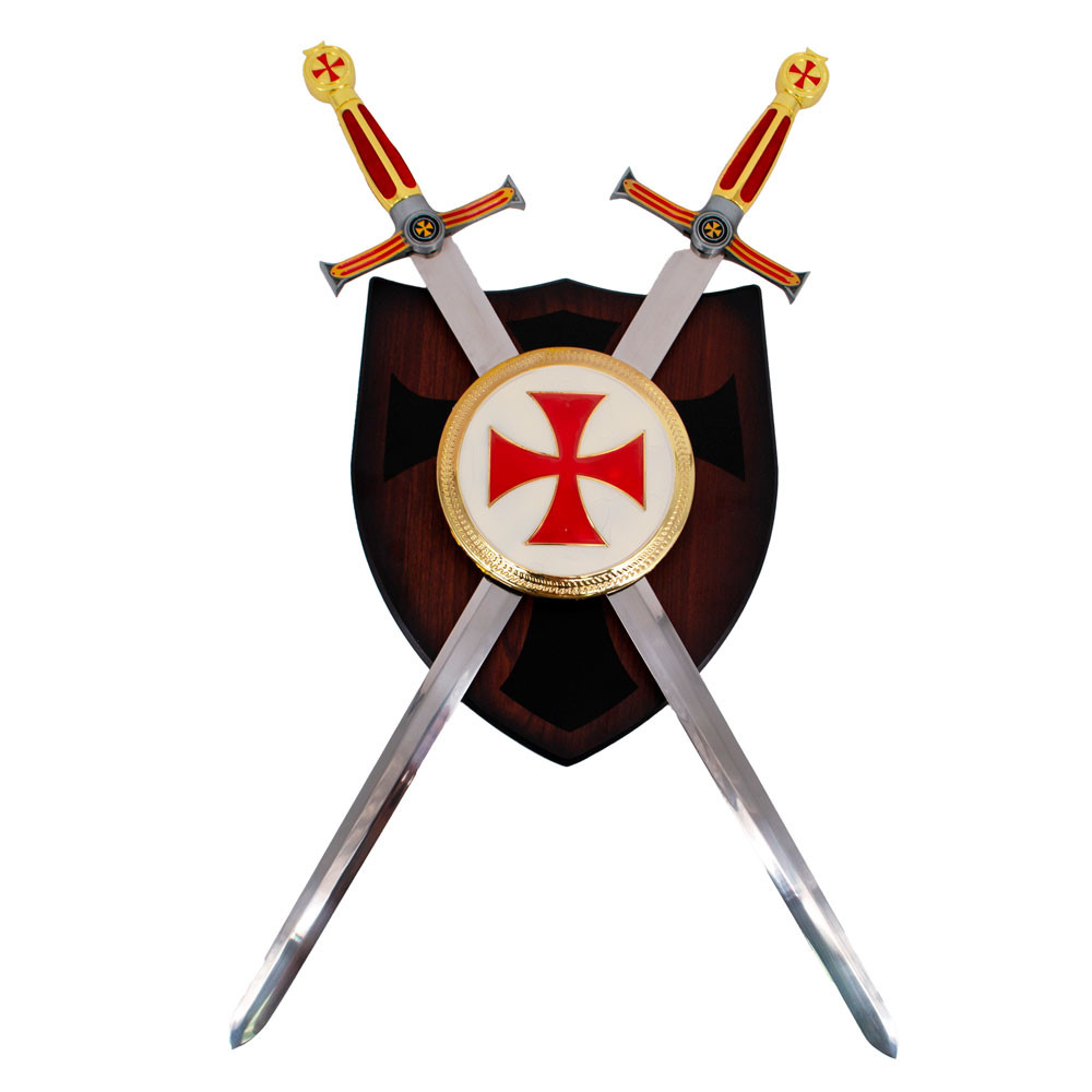 Templar panoply with 2 swords and shield, gold finish