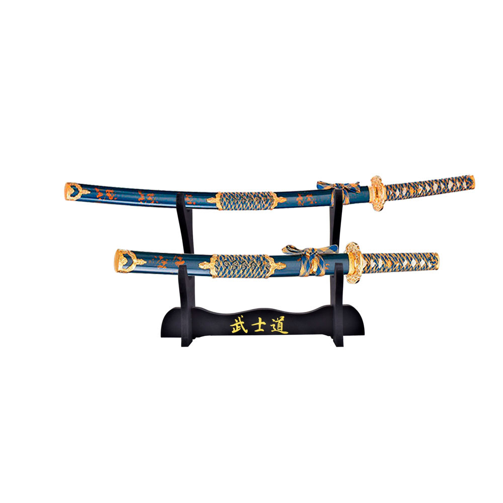 Samurai Katana, Wakizashi and stand pack, Blue-Gold