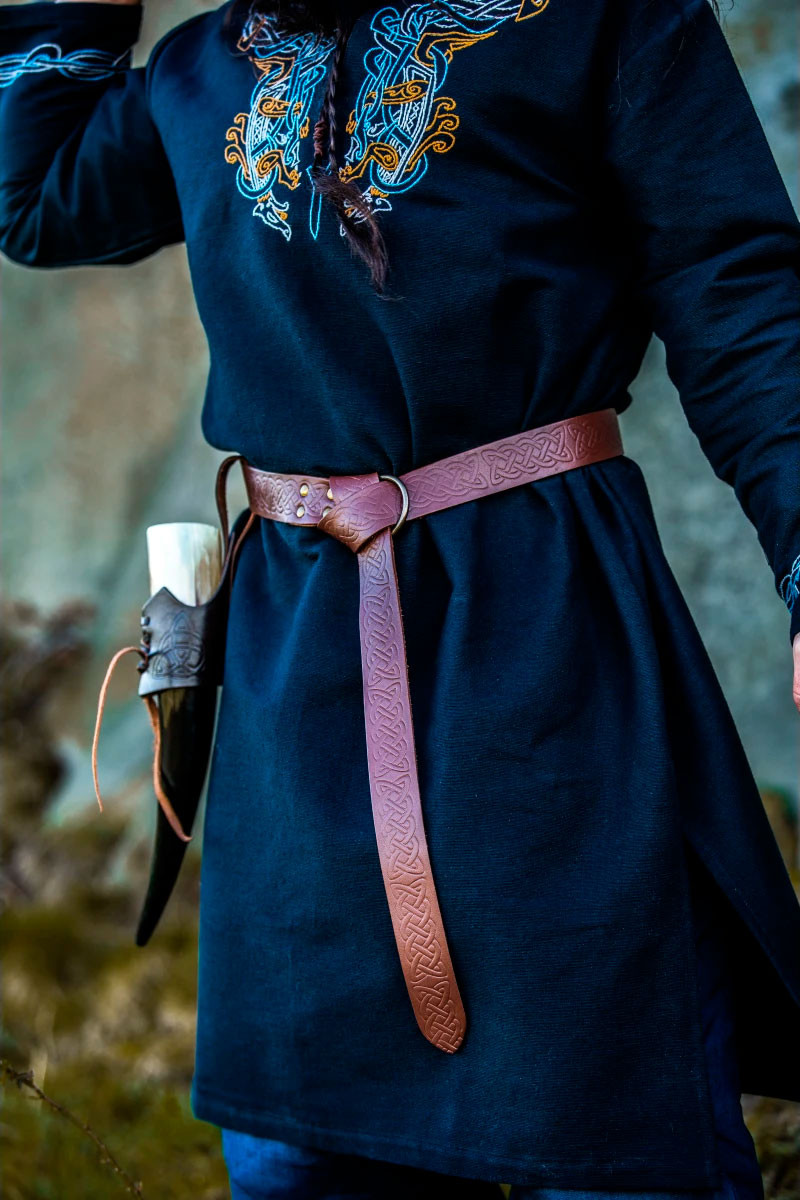 Leather belt with Celtic print, brown color