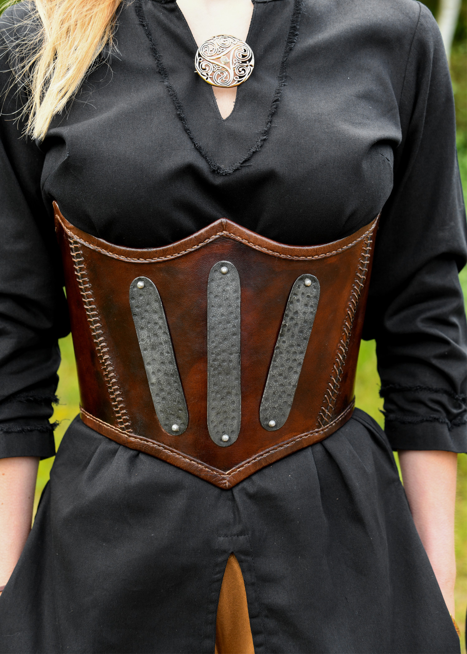 Medieval decorated leather corset, brown color