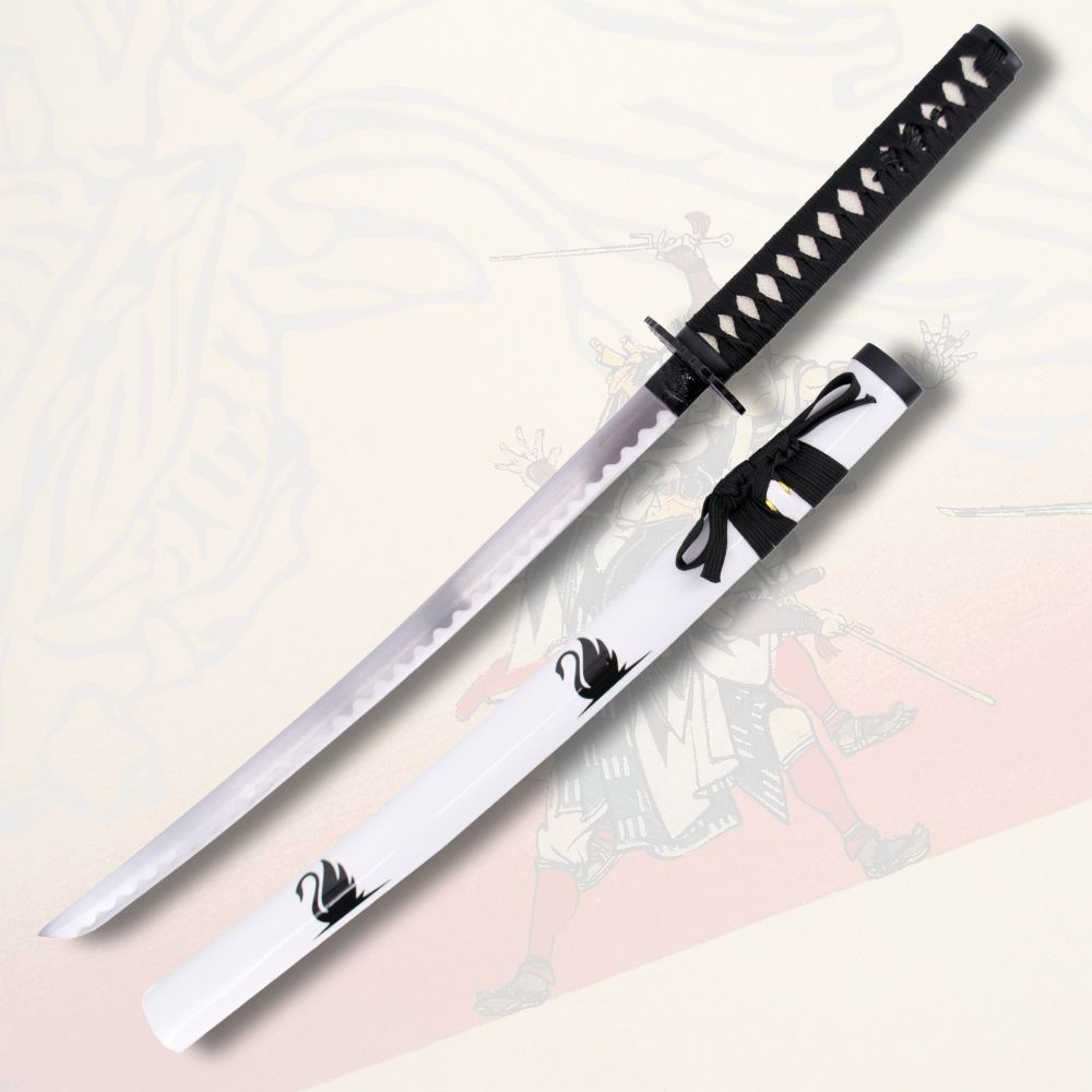 Decorative wakizashi with white scabbard decorated with Swans (82 cm.)
