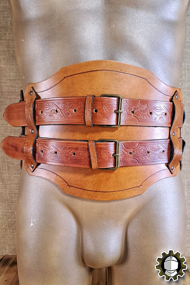 Wide medieval belt in leather model Olympus, brown color