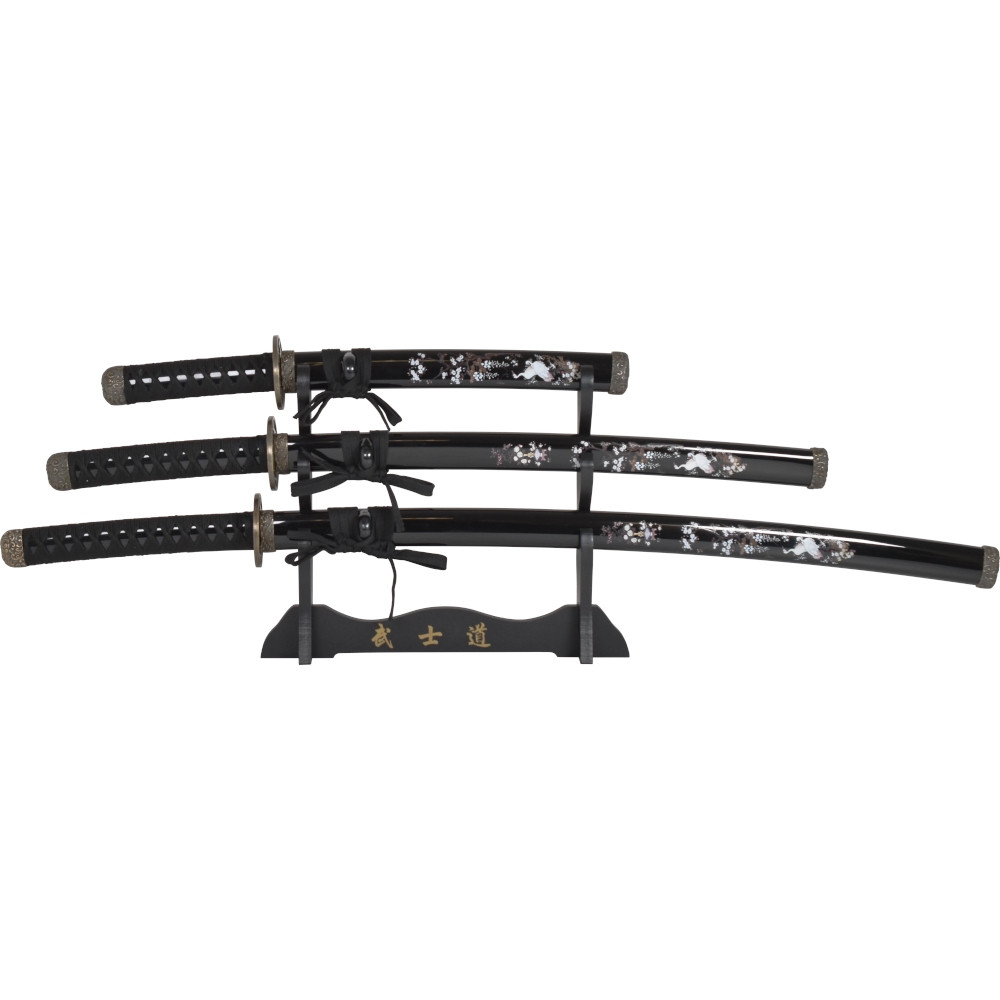 Set of Katana, Wakizashi, and Decorative Tanto with Stand, Black Color
