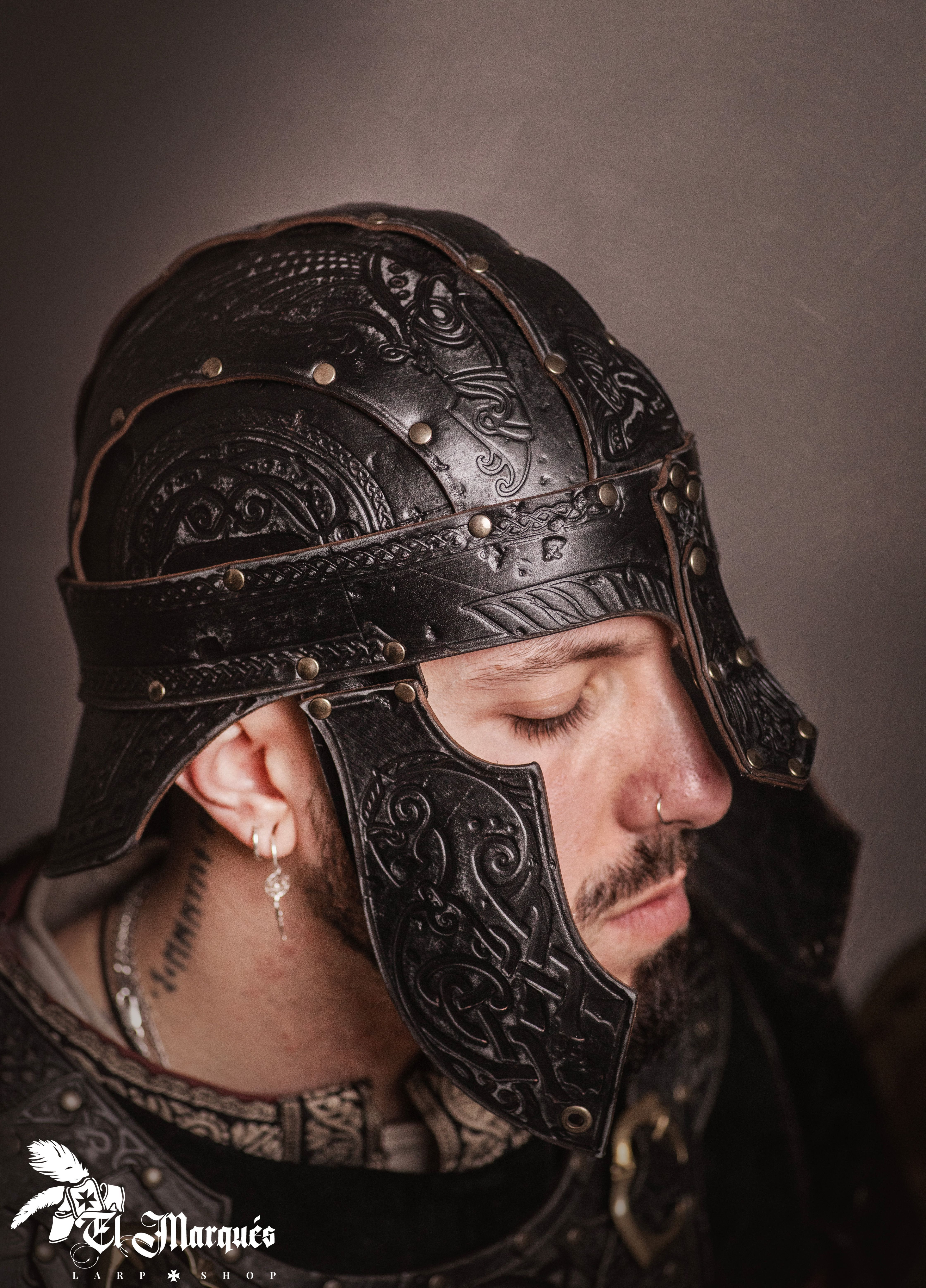 Baldur Spangenhelm helmet in leather, with engravings