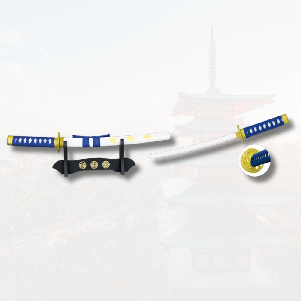 Miniature decorative katana with stand, blue-white