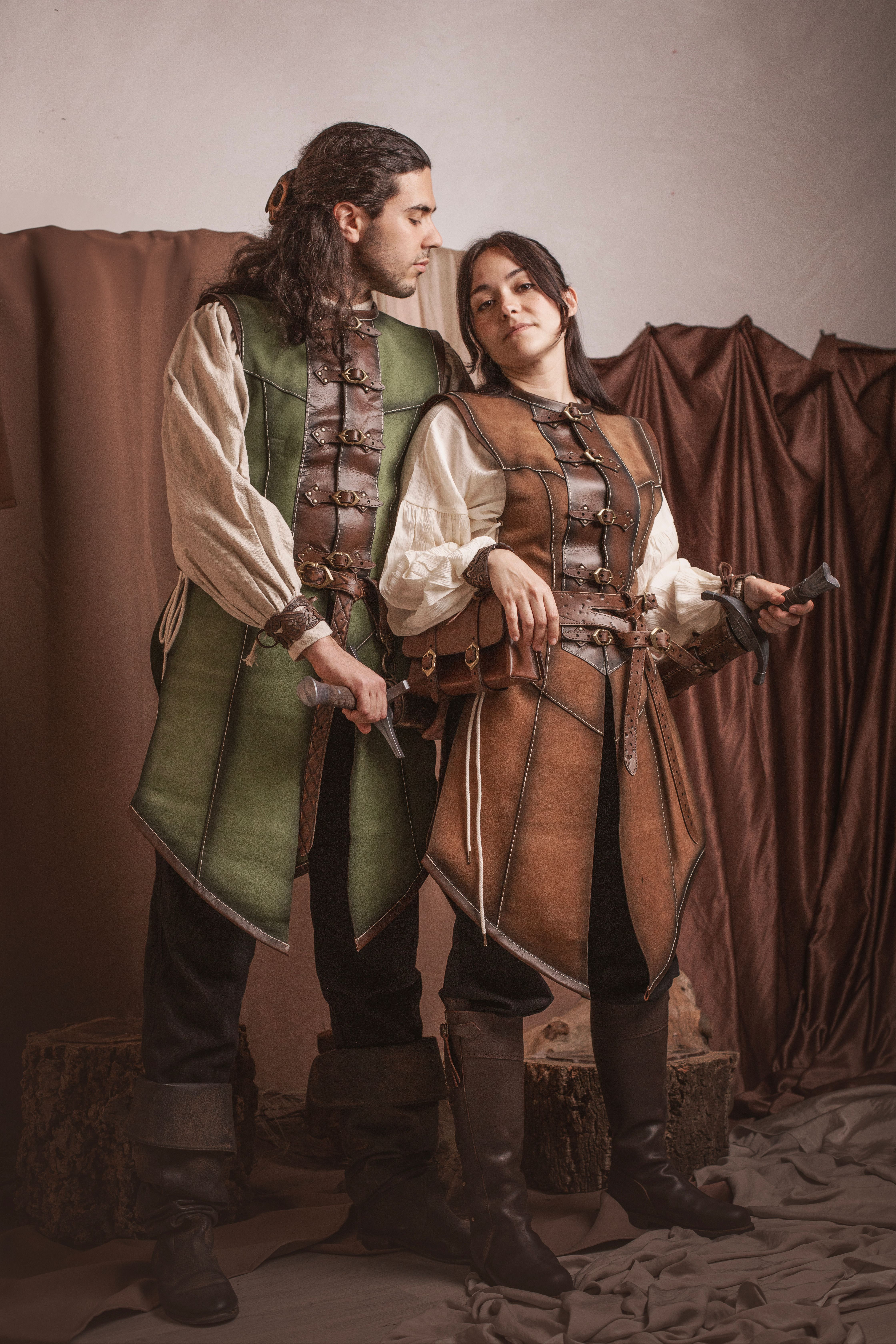 Long brown medieval cuirass in suede leather, men's