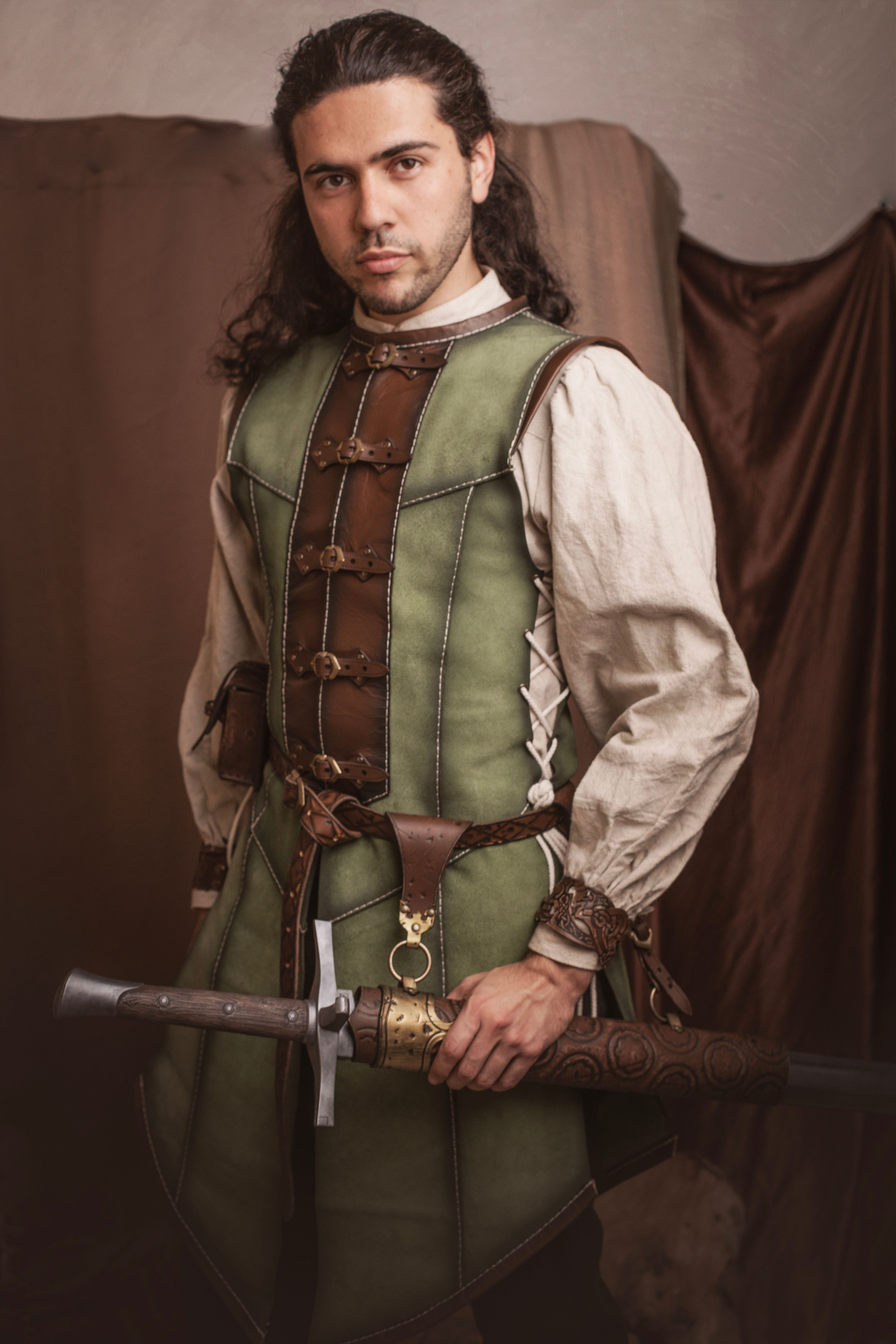 Long medieval green suede leather coat, women