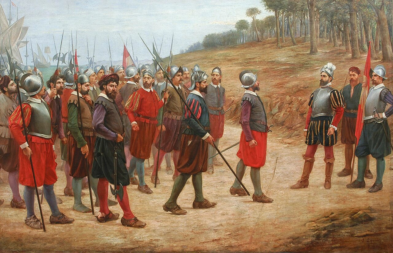 francisco pizarro on rooster island inviting his soldiers to cross the line draw 1780565242293 - Weapons and Attire of the Spanish Conquistadors
